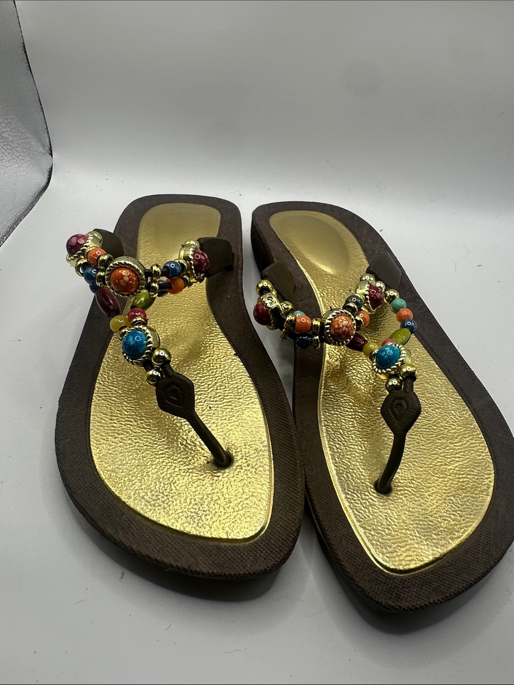 Brown Beaded Thong Sandals with Gold Footbed